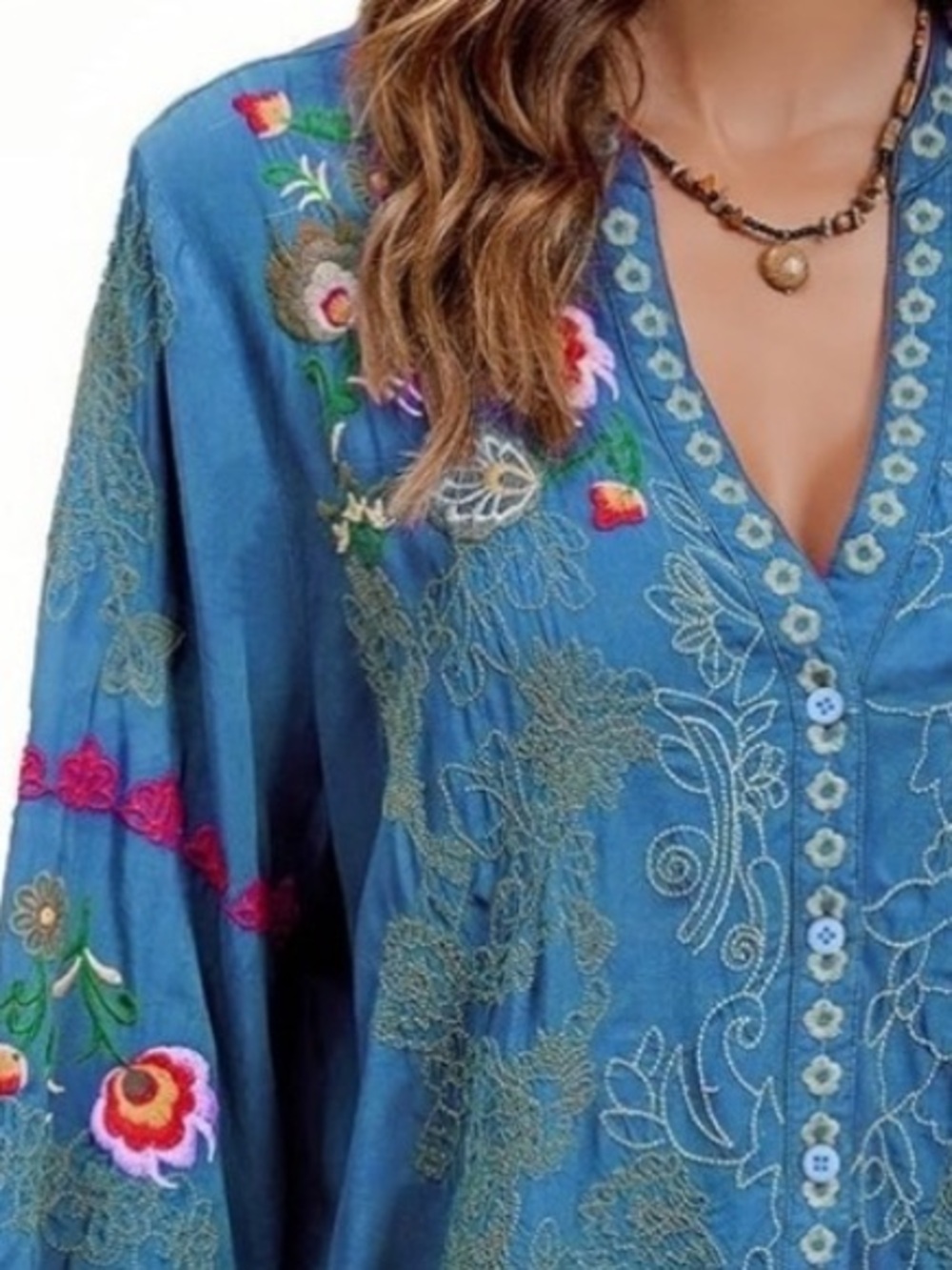 MAKE AN OFFER - ST LAREINA Blue Flowy Embroidered V-Neck Peasant Top - Picture 3 of 5